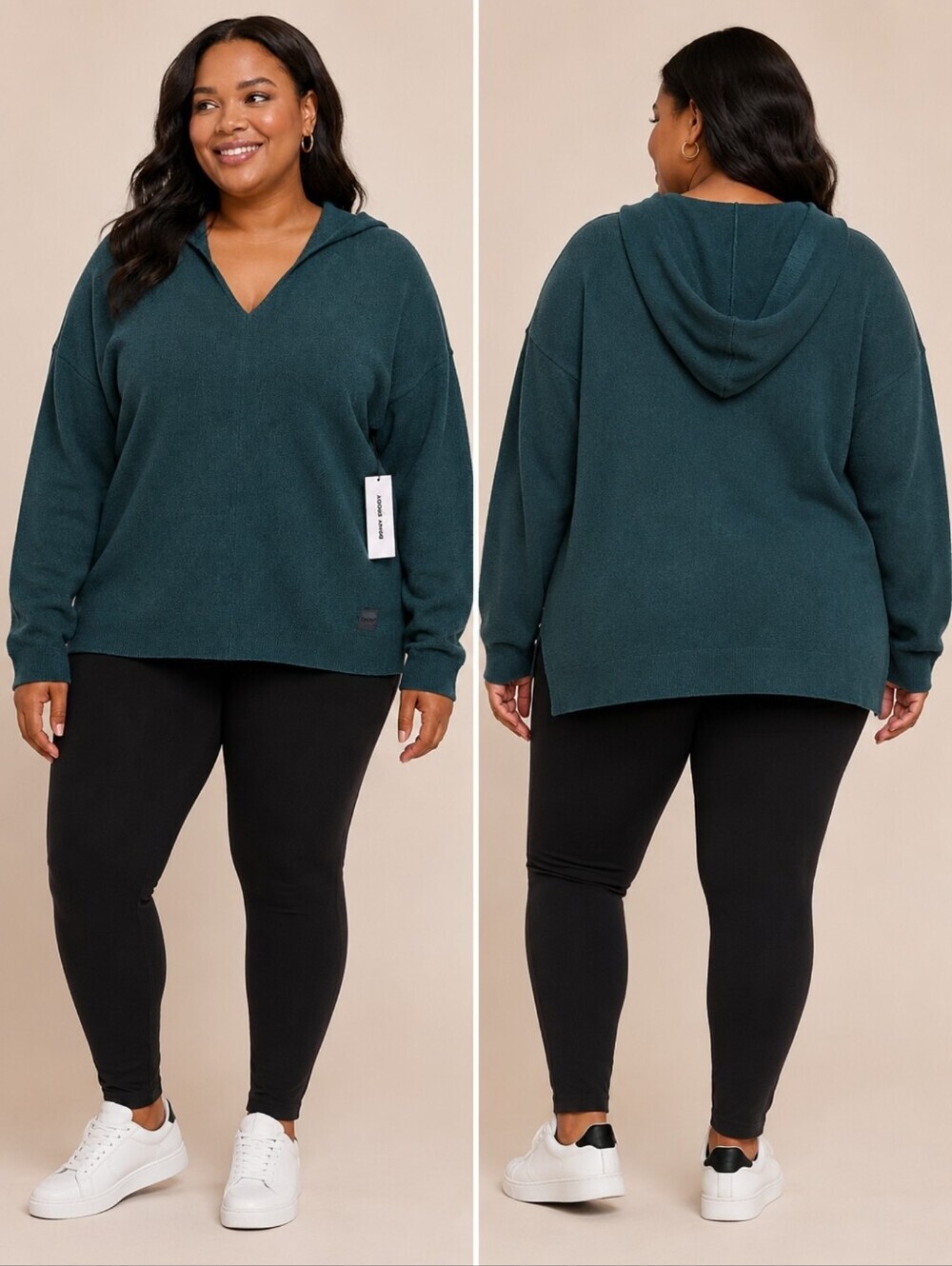 DKNY Sport Women’s XL Teal Green V-Neck Hooded Sweater Pullover NWT